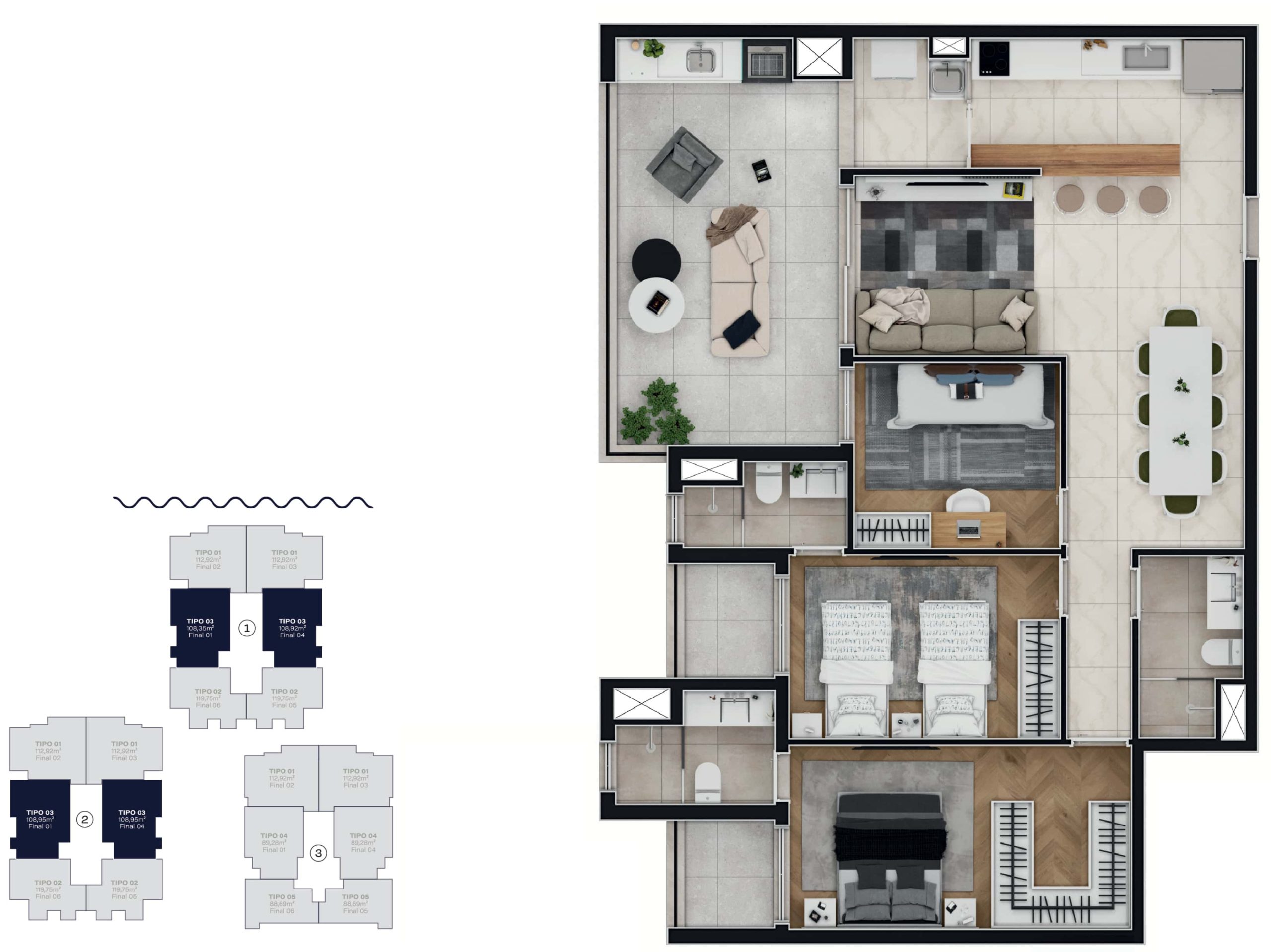 Unidade com 108,95 m²<