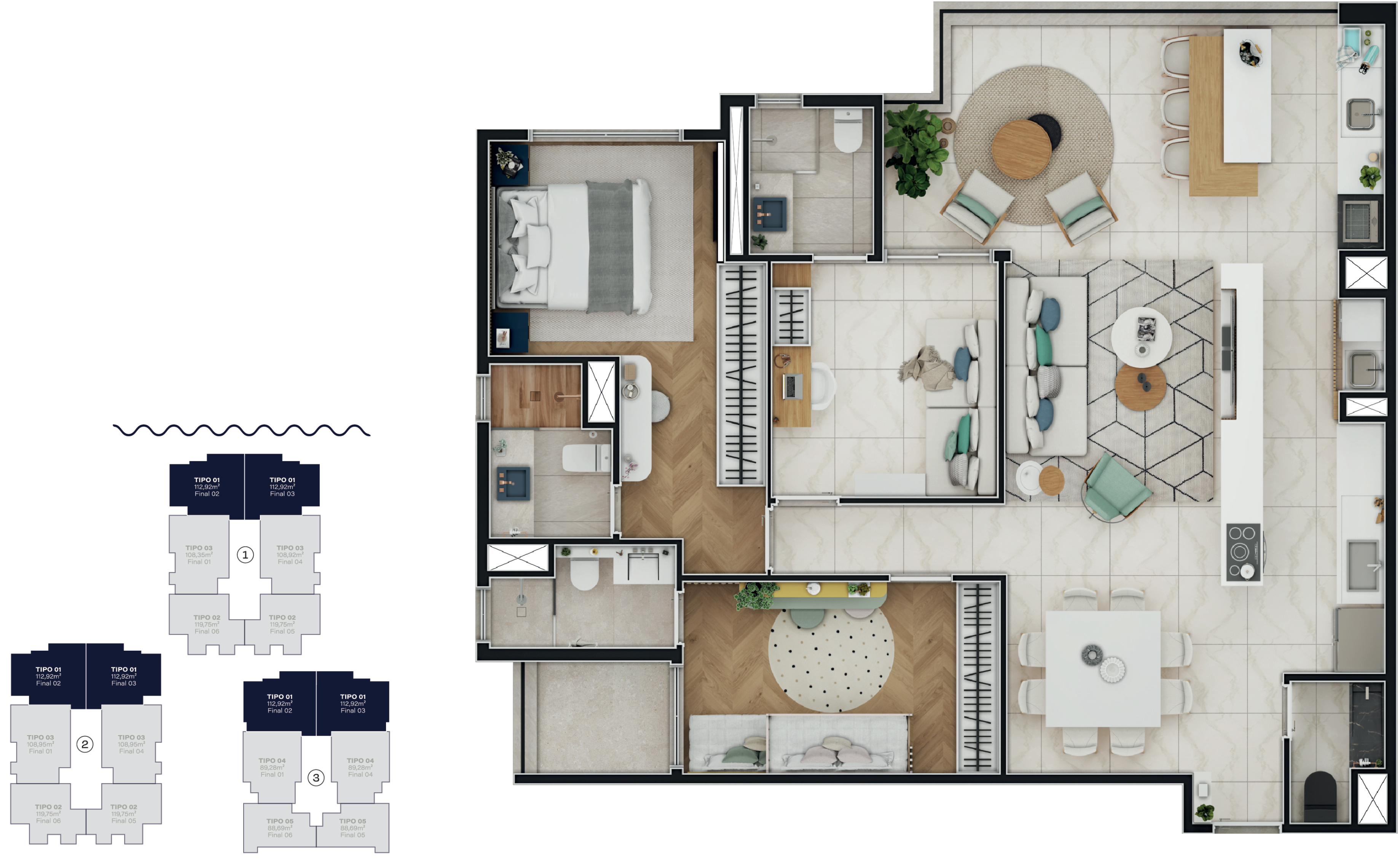 Unidade com 112,92 m² opção sala ampliada sendo 2 suites + 2 vagas + hobby box<