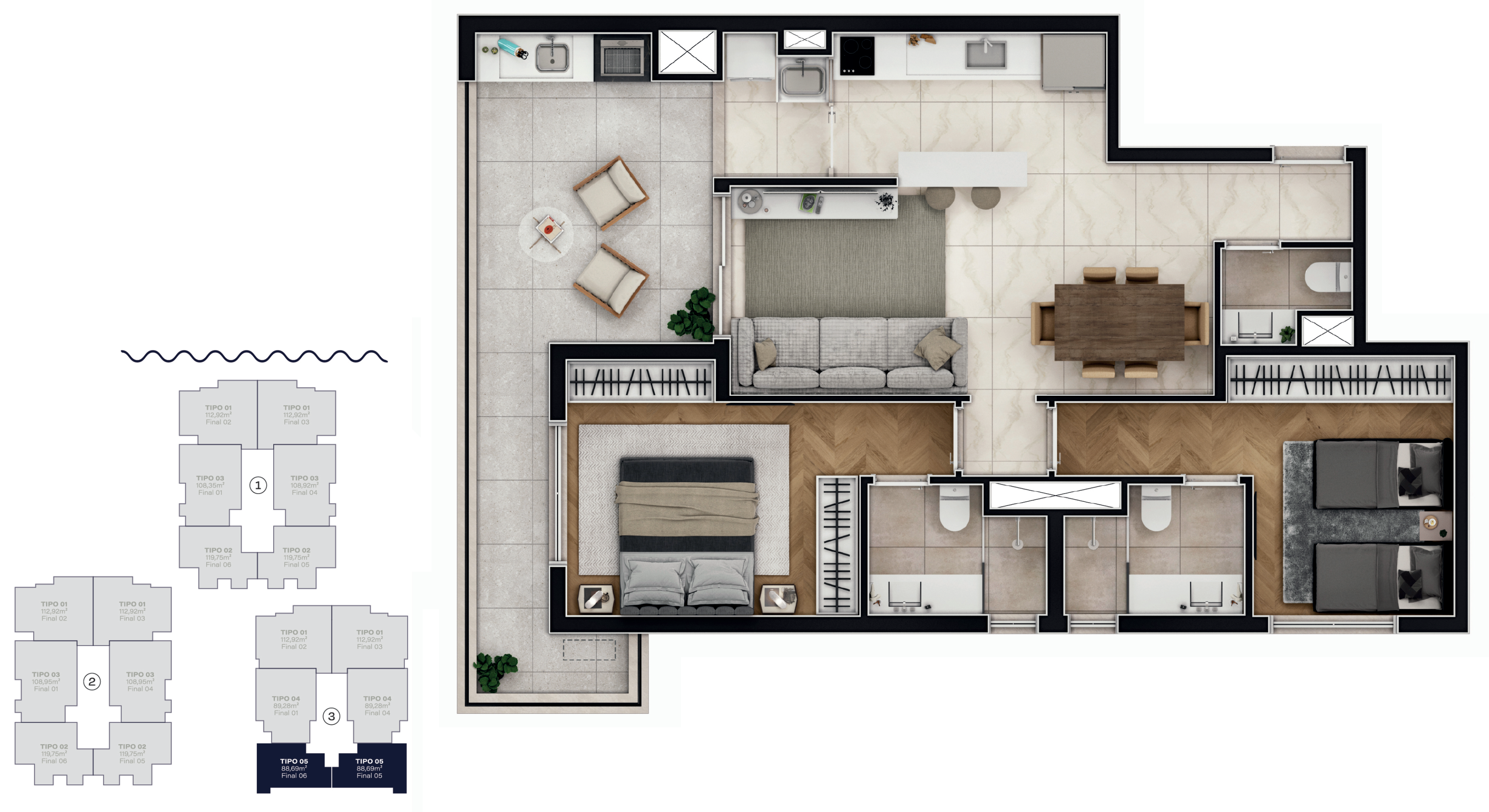 Unidade com 88,69 m² sendo 1 vaga + hobby box<