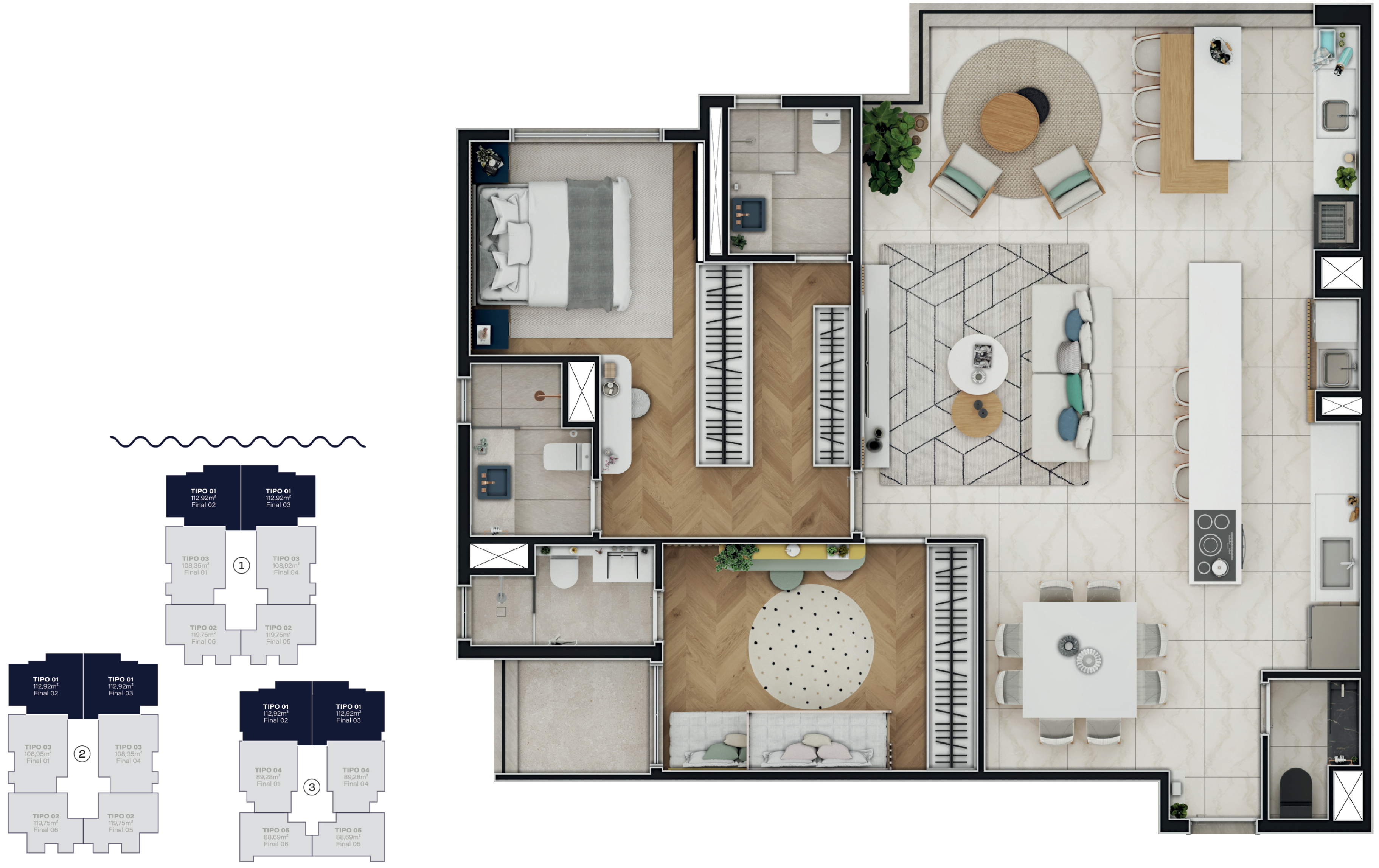 Unidade com 112,92 m² sendo 3 suites +02 vagas + hobby box<